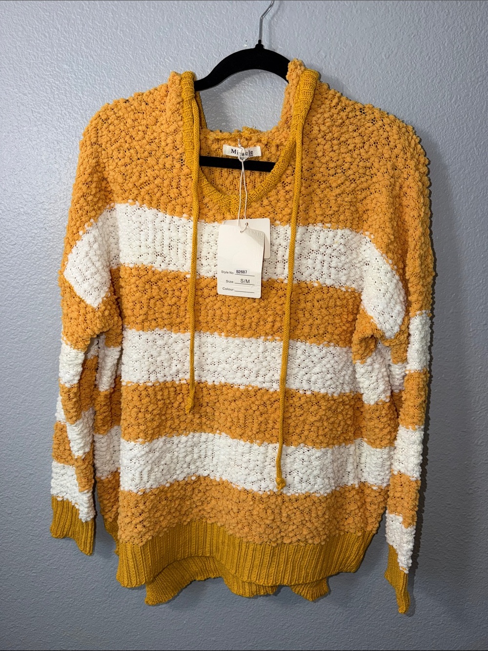 Mustard & White Striped Popcorn-Knit Hooded Sweater